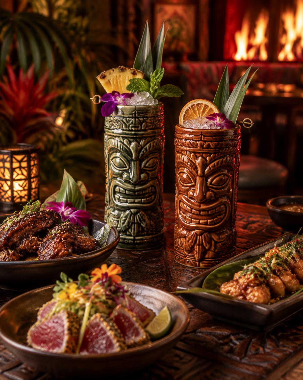 Tiki cocktails and shareable plates on a carved wood table