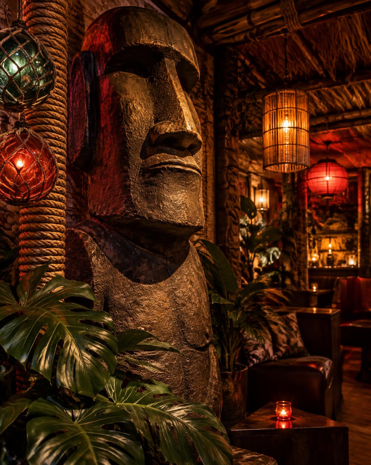 A carved Moai surrounded by tropical foliage and lanterns